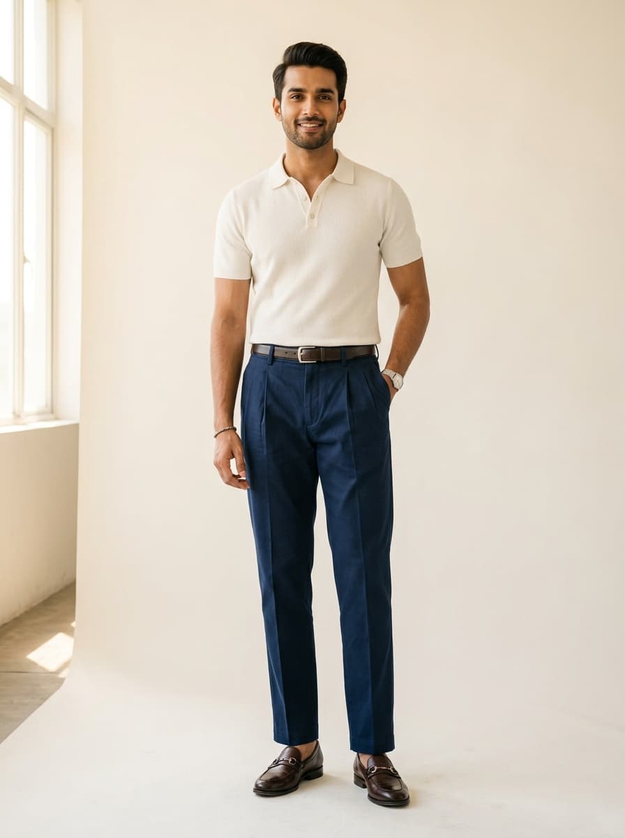 Navy Chinos styled in outdoor courtyard setting