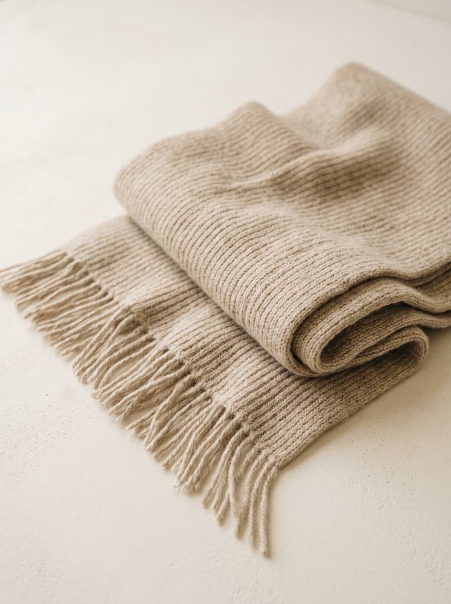 Beige Merino Wool Scarf folded and draped on neutral surface