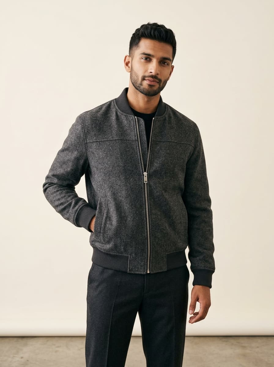 Charcoal Wool-Blend Bomber Jacket front view on model