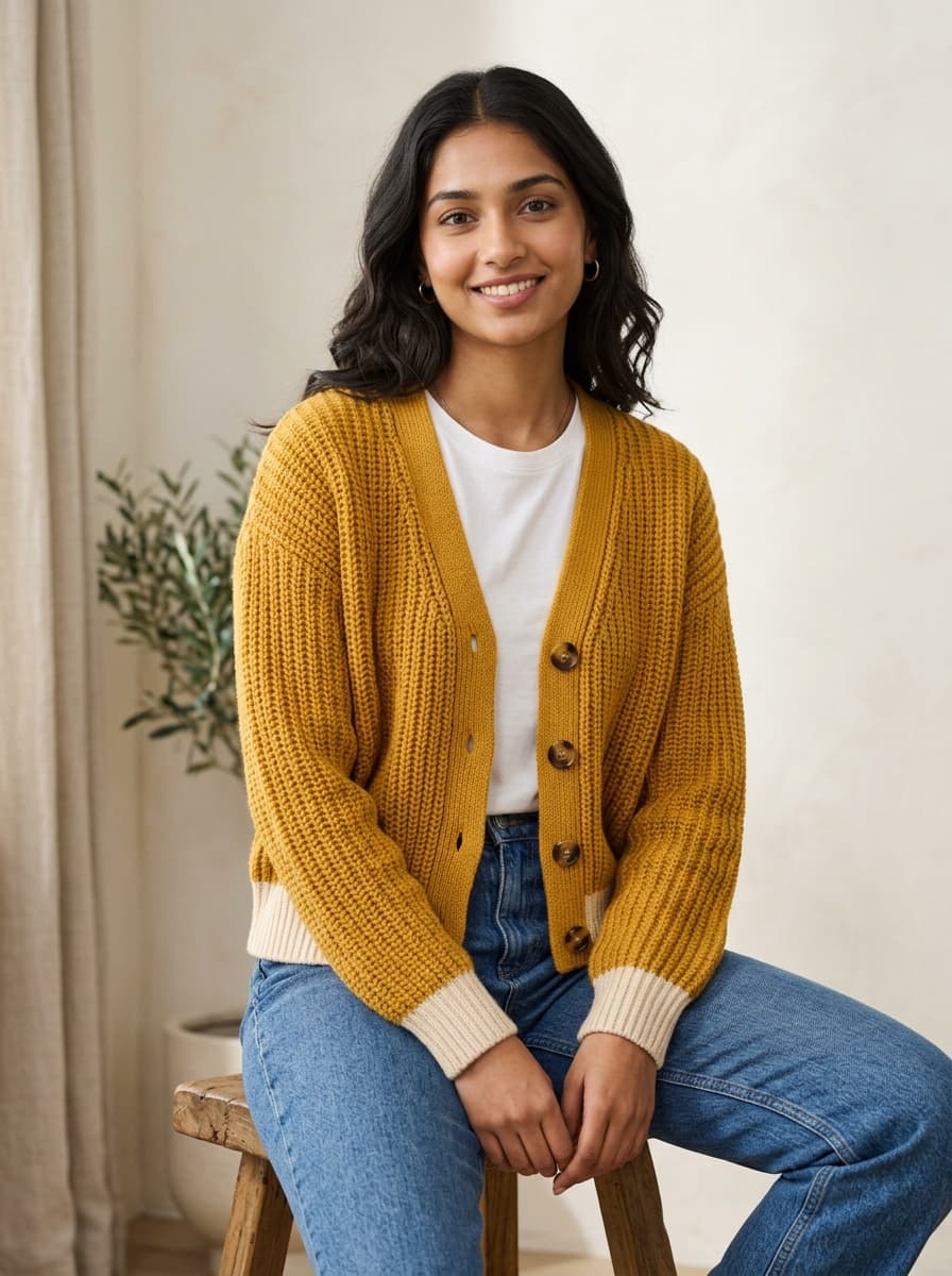 Mustard Ribbed Knit Cardigan front view on model