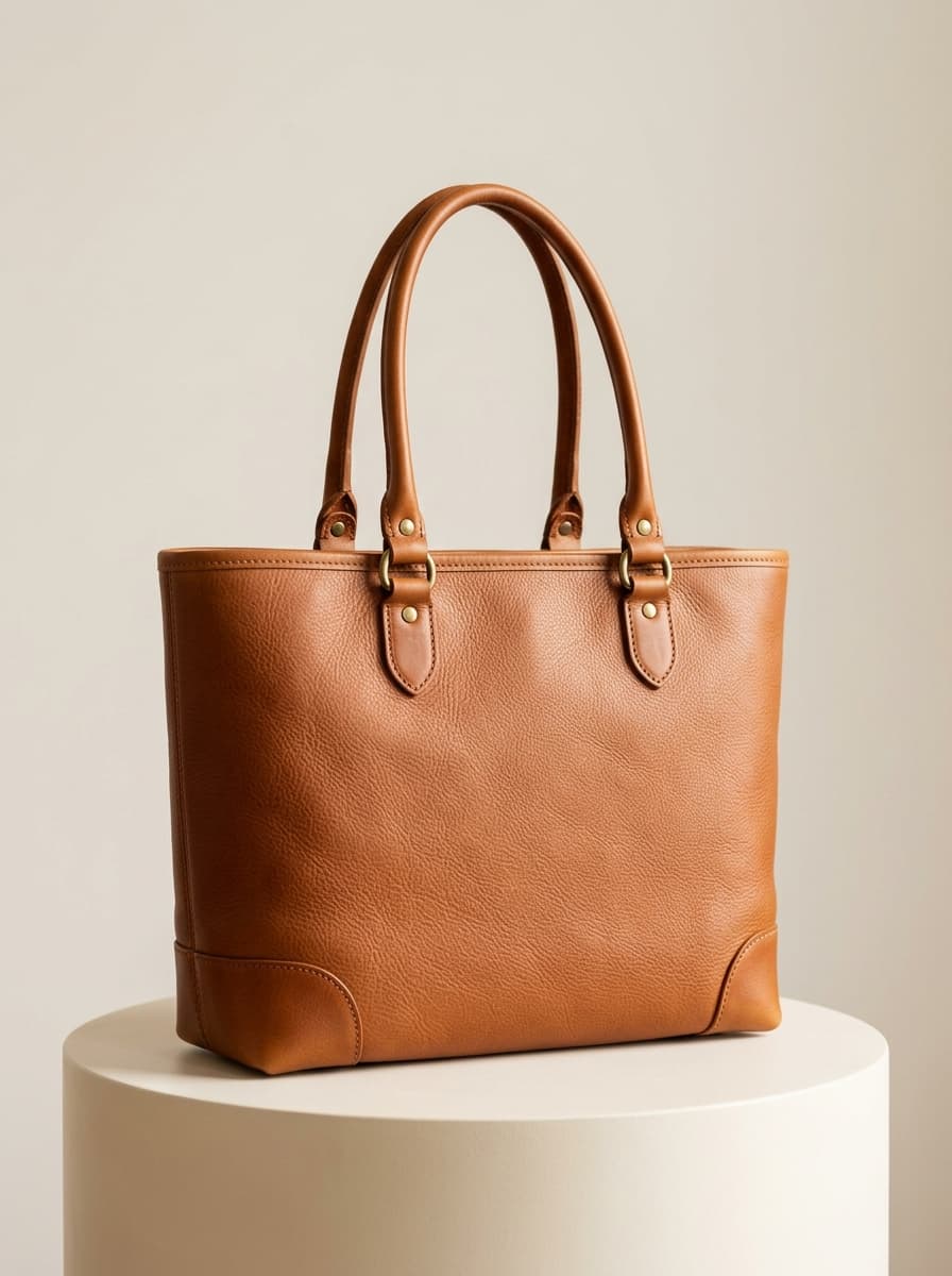 Close-up of full-grain leather grain, brass rivet, and burnished edge